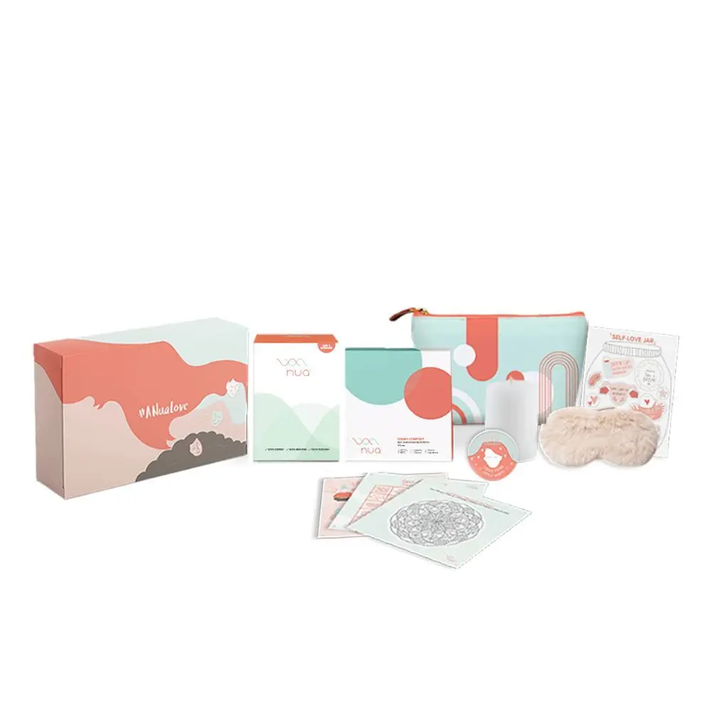 Nua- Pamper Me Value Kit Limited Edition - 12 Sanitary Pads (3 Heavy, 5 Medium, 4 Light) , 3x Cramp Comfort Heat Patches for Period Pain,1x Detoxifying Clay Mask,1 x Mood Balancing Roll-on, 1 Multi purpose pouch