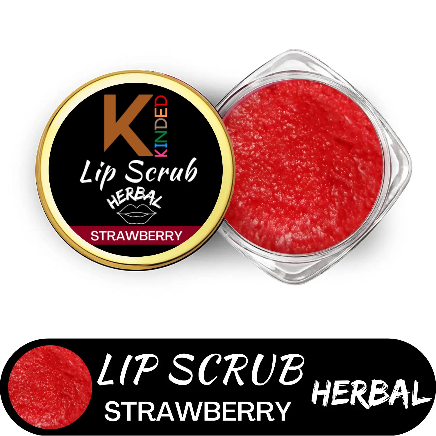 KINDED Lip Sugar Scrub Herbal Natural Essential Oils Exfoliating Balm Polish Scrubber for Men Women Smoked Dry Dark Chapped Lips to Lighten Pigmentation Dead Skin Tan Removal (10 gm, Strawberry)