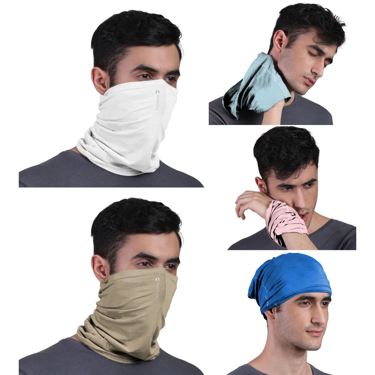 FREECULTR Unisex Plain Bamboo Bandana Anti Microbial Multipurpose Cloth Face Mask (pack Of 5)