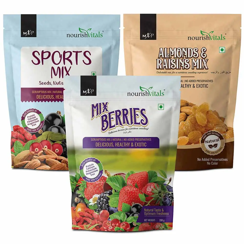 NourishVitals Healthy Munching Combo,  Sports Mix + Almonds & Raisins Mix + Mix Berries  3 Piece(s)/Pack