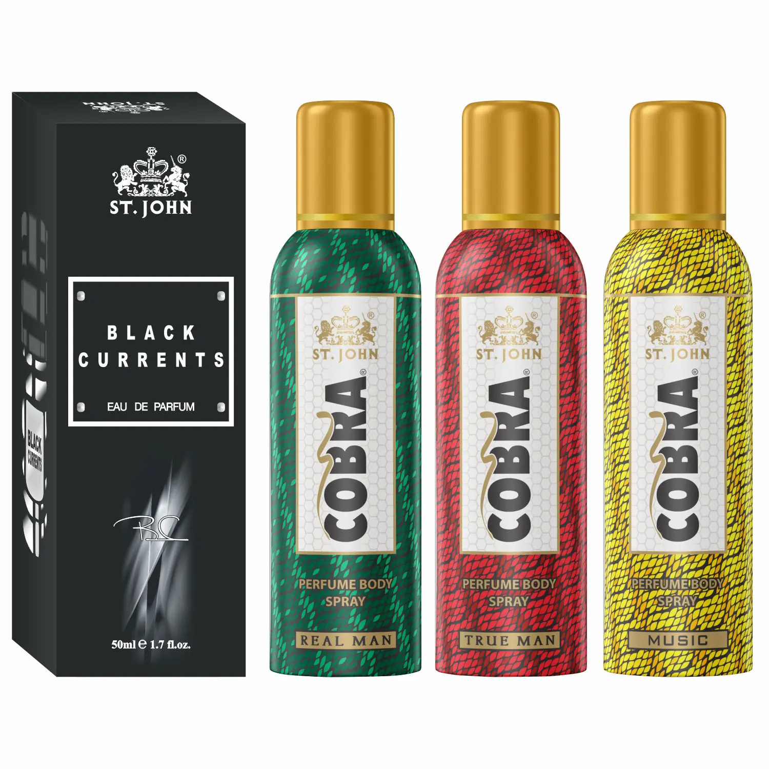 ST-JOHN Cobra No Gas Deo True Man, Real Man, Music 100ml each & Black Current 50ml Combo Perfume Body Spray - For Men & Women (350 ml, Pack of 4)