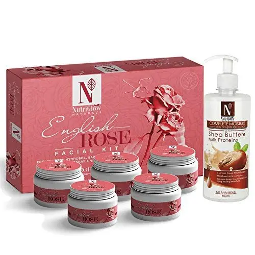 NutriGlow NATURAL'S English Rose Facial Kit (260gm) With Shea Butter Body Lotion (500ml) For Radiant Glow