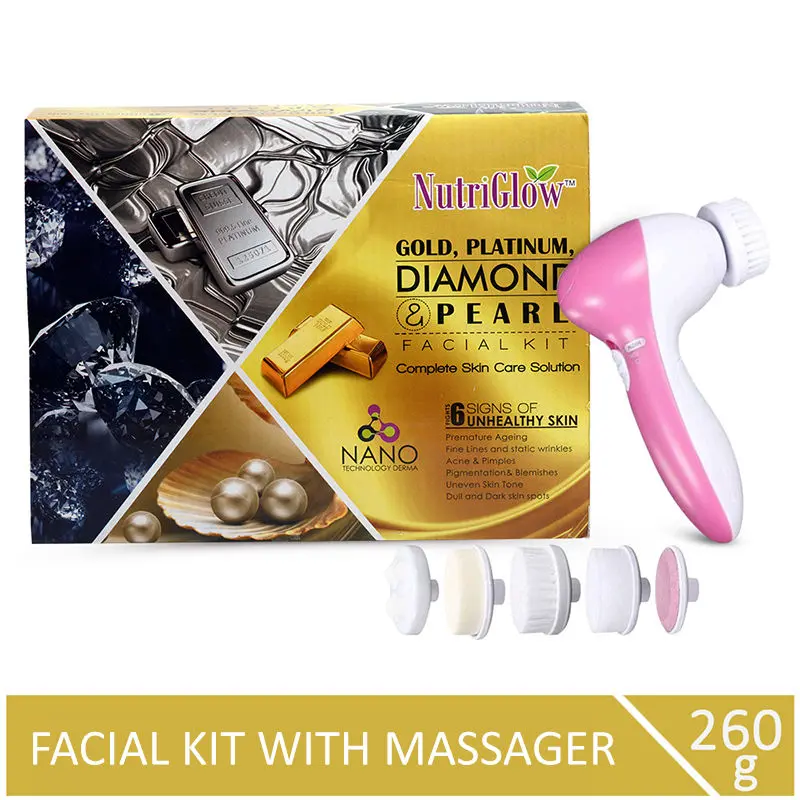 NutriGlow Gold, Platinum, Diamond & Pearl Facial Kit (260 gm) With 5-in-1 Face Massager For Glowing & Brightening Skin