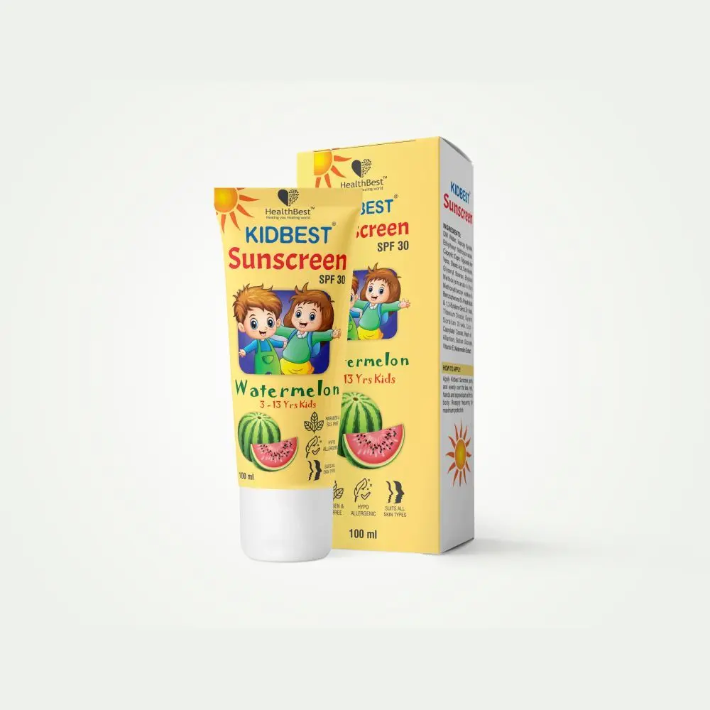 HealthBest Kidbest Sunscreen for Kids | SPF 30 UVA/UVB | Safe for Sensitive Skin & Unscetened | Tear, Paraben, SLS free | Watermelon Flavor | 100ml