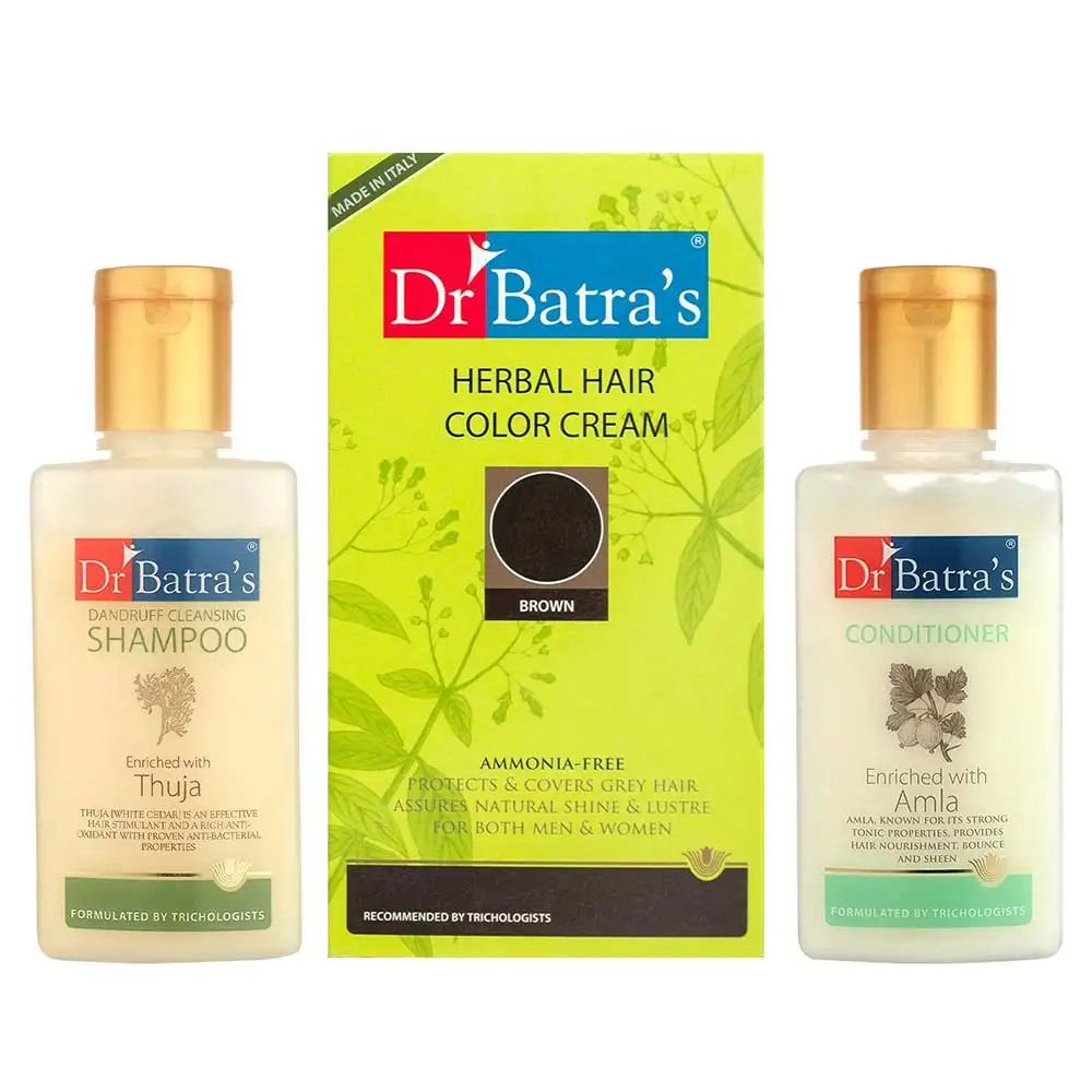 Dr Batra's Herbal Hair Color Cream - Brown, Dandruff Cleansing Shampoo & Conditioner Combo,  3 Piece(s)/Pack  for Men & Women