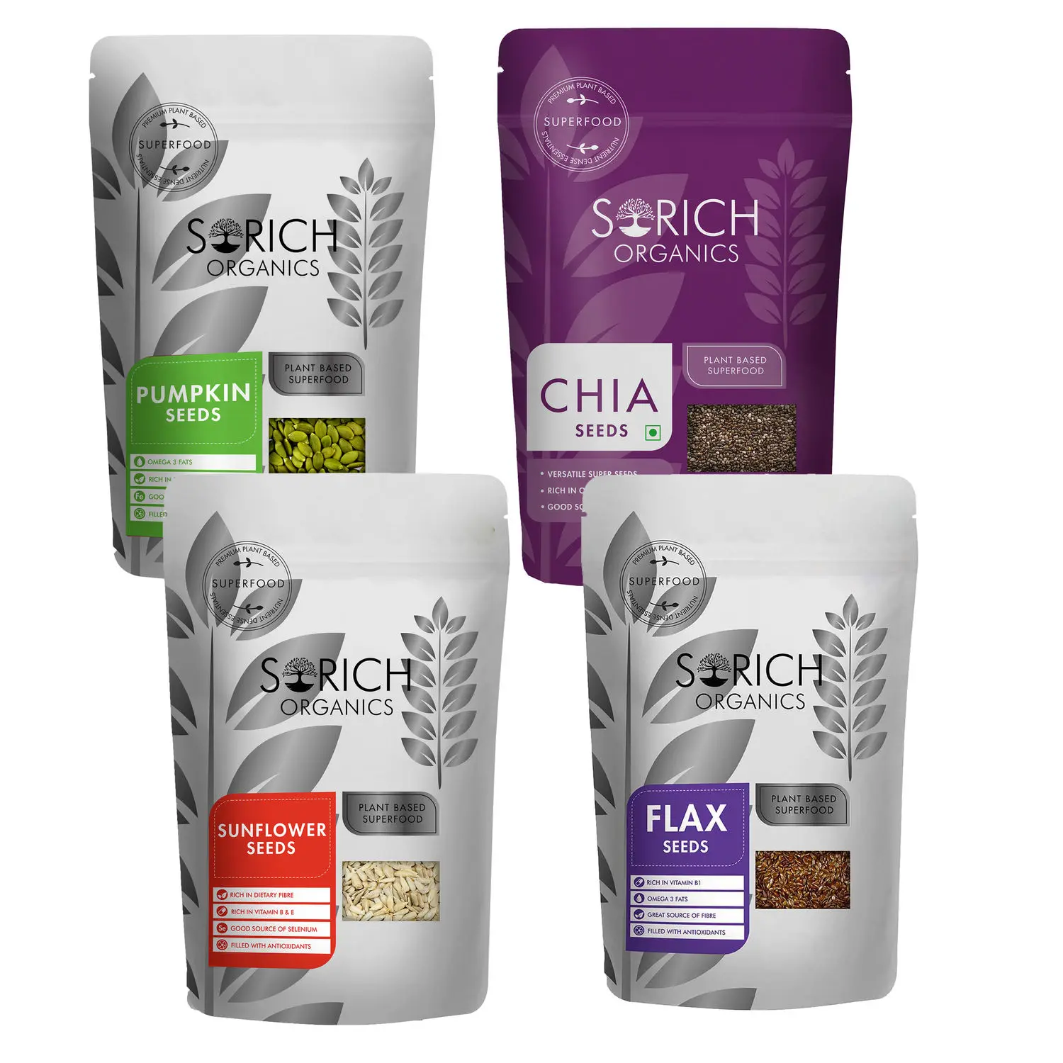 Sorich Organics Sunflower 200 Gm, Pumpkin 200 Gm, Chia 250 Gm and Flax Seeds 200 Gm Combo - 850 Gm