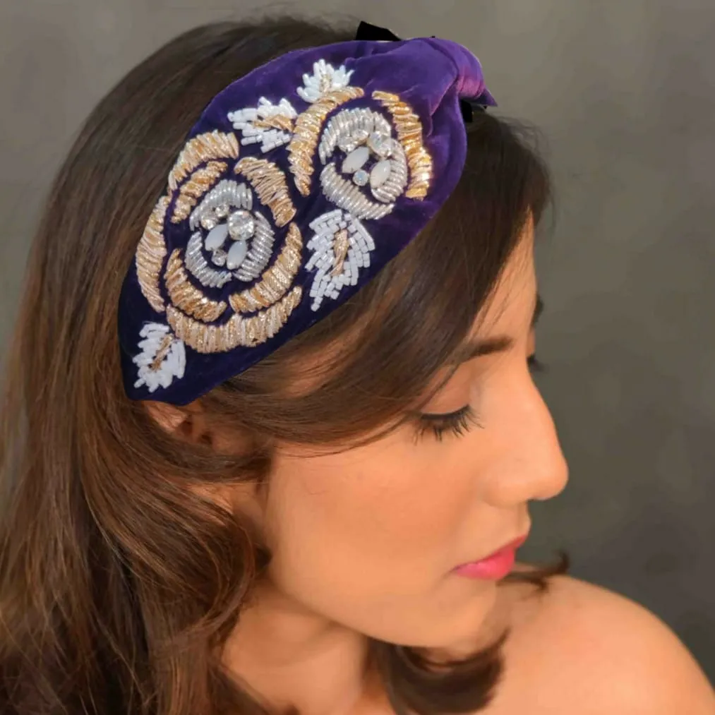 YoungWildFree Purple Velvet Embellished Hairband With Gold And Beads Hand Embroidery