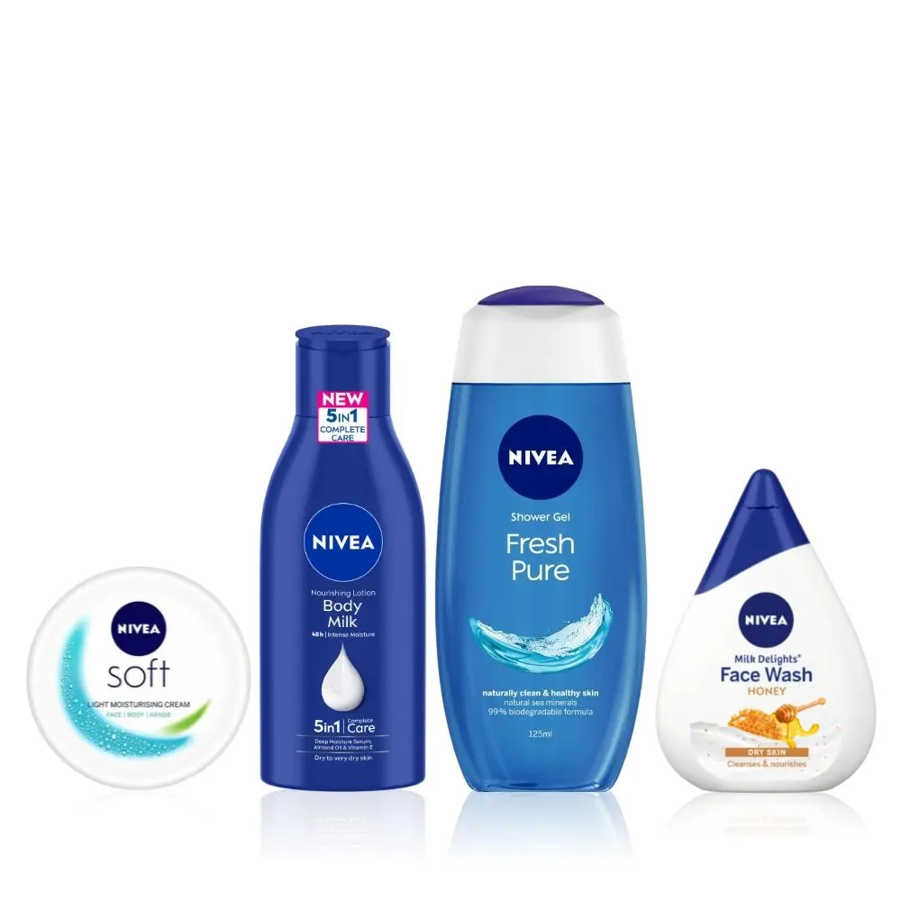 NIVEA Ultimate Skin Nourishment Kit 2(Fresh Pure Shower Gel(125ml)+Moisturizing Honey Face Wash(100ml)+Almond Oil Body Lotion(120ml)+SOFT Light cream(100ml))