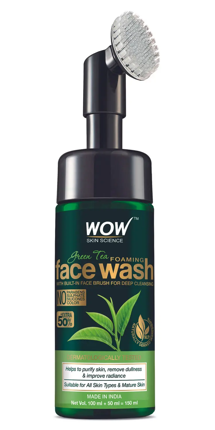 WOW Skin Science Green Tea Foaming Face Wash with Built-In Face Brush - 150 mL