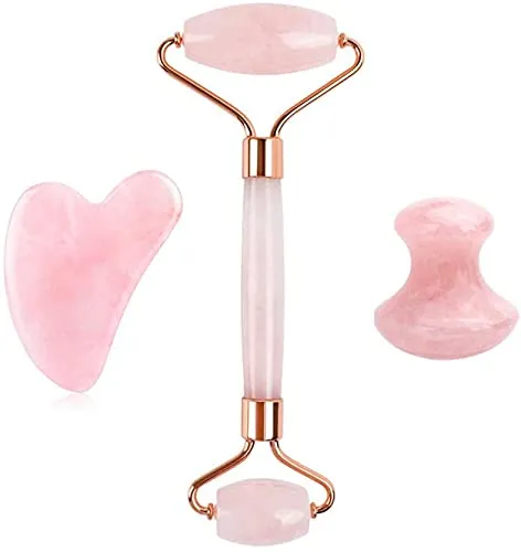 Getmecraft Rose Quartz Face Roller And Gua Sha Set With Rose Quartz Mushroom Gua Sha