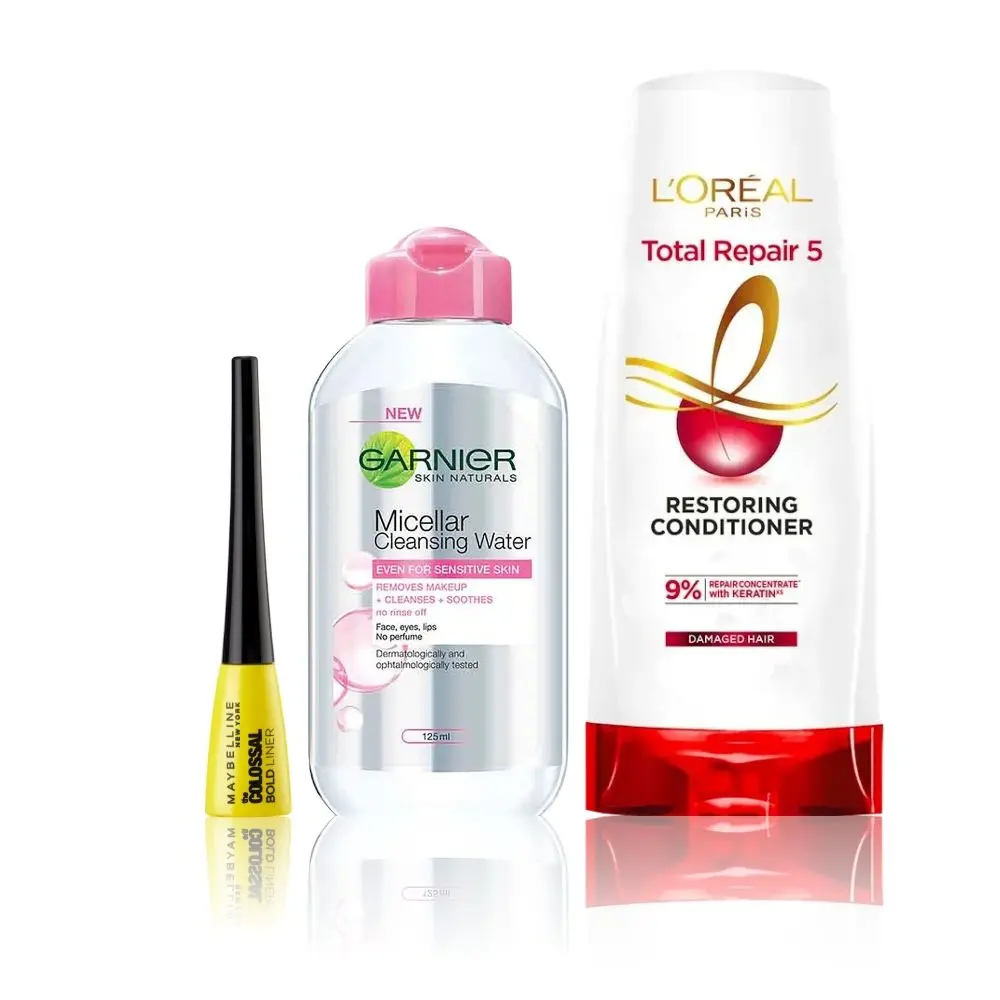 Maybelline x Garnier x L'Oreal Paris Top Picks Combo 2 (Maybelline eyeliner, black (3g), Garnier micellar water (125 ml), L'Oreal Paris total tepair 5 conditioner (180 ml))