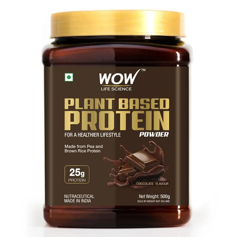 WOW Life Science Plant Protein Powder - Made from Pea & Brown Rice Protein - Chocolate Flavour- For a healthier lifestyle (500 g)