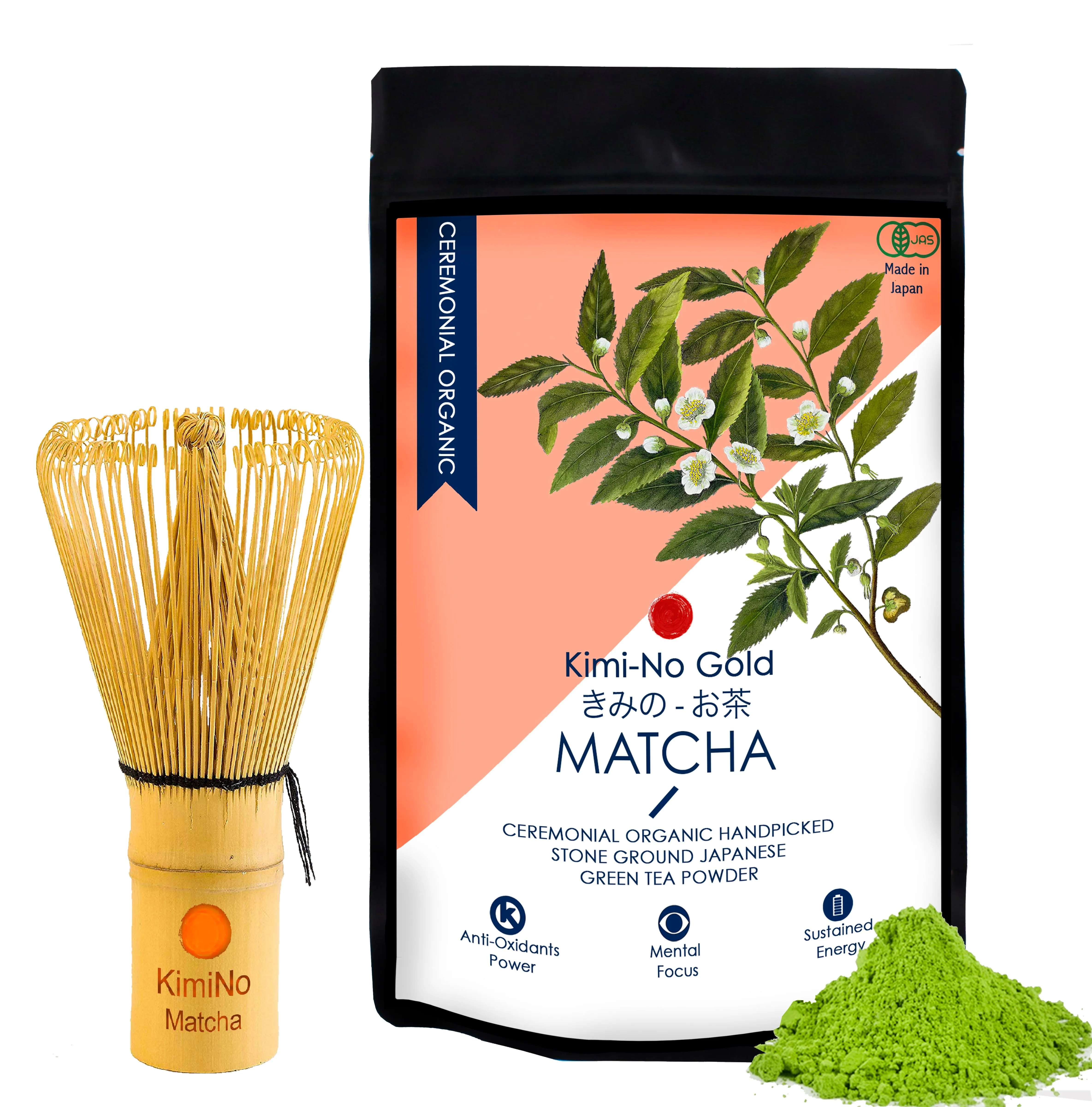 Kimino Gold Matcha Japanese Ceremonial Organic Matcha Green Tea Powder & Bamboo Matcha Whisk