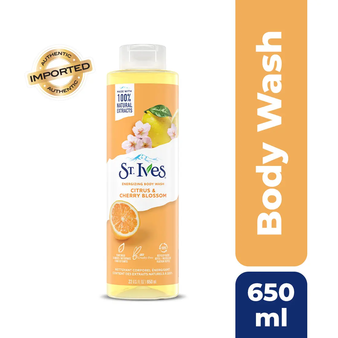 St. Ives Energizing  Body Wash| Shower gel for women with Moisturizing extracts of Citrus & Cherry Blossom| 100% Natural Extracts | Cruelty-Free | Paraben Free |650ml