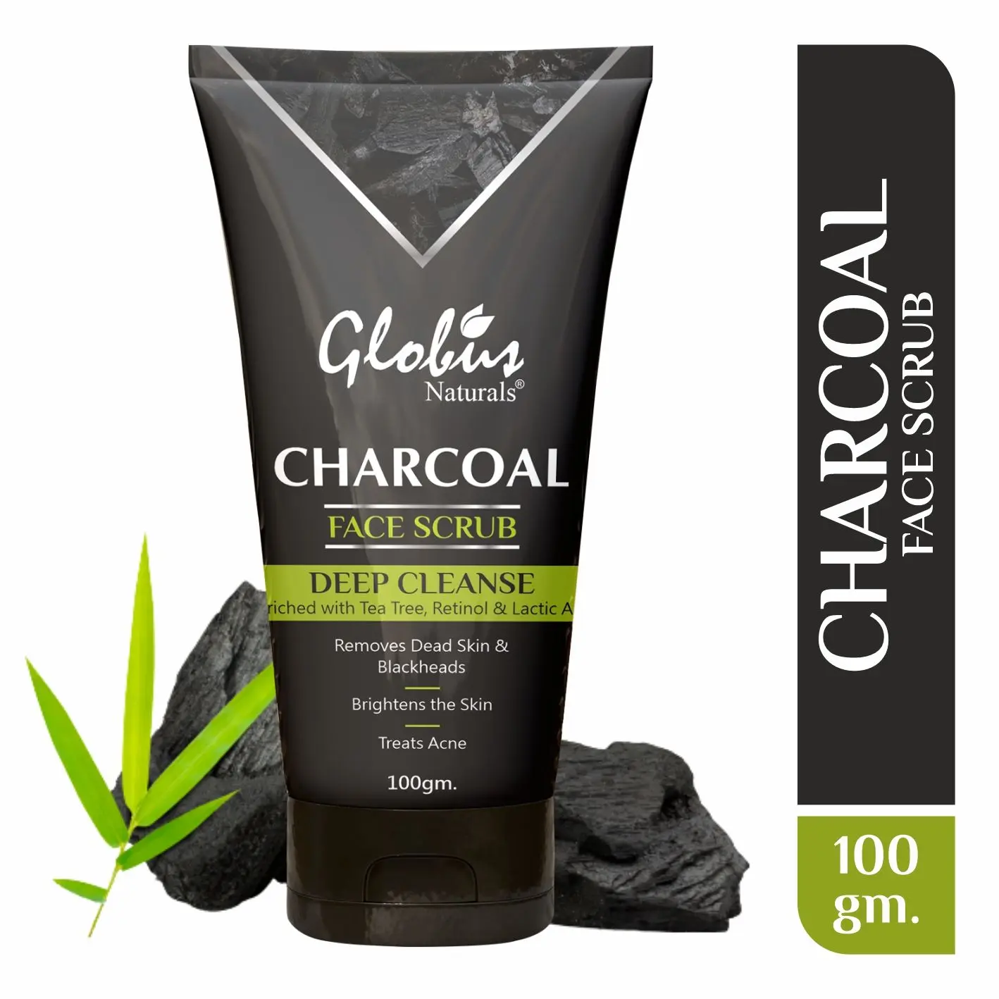 Globus Naturals Charcoal Face Scrub Enriched with Tea Tree,Retinol & Lactic Acid for Exfoliation, Anti-acne & Pimples, Blackhead Removal Scrub (100 g)