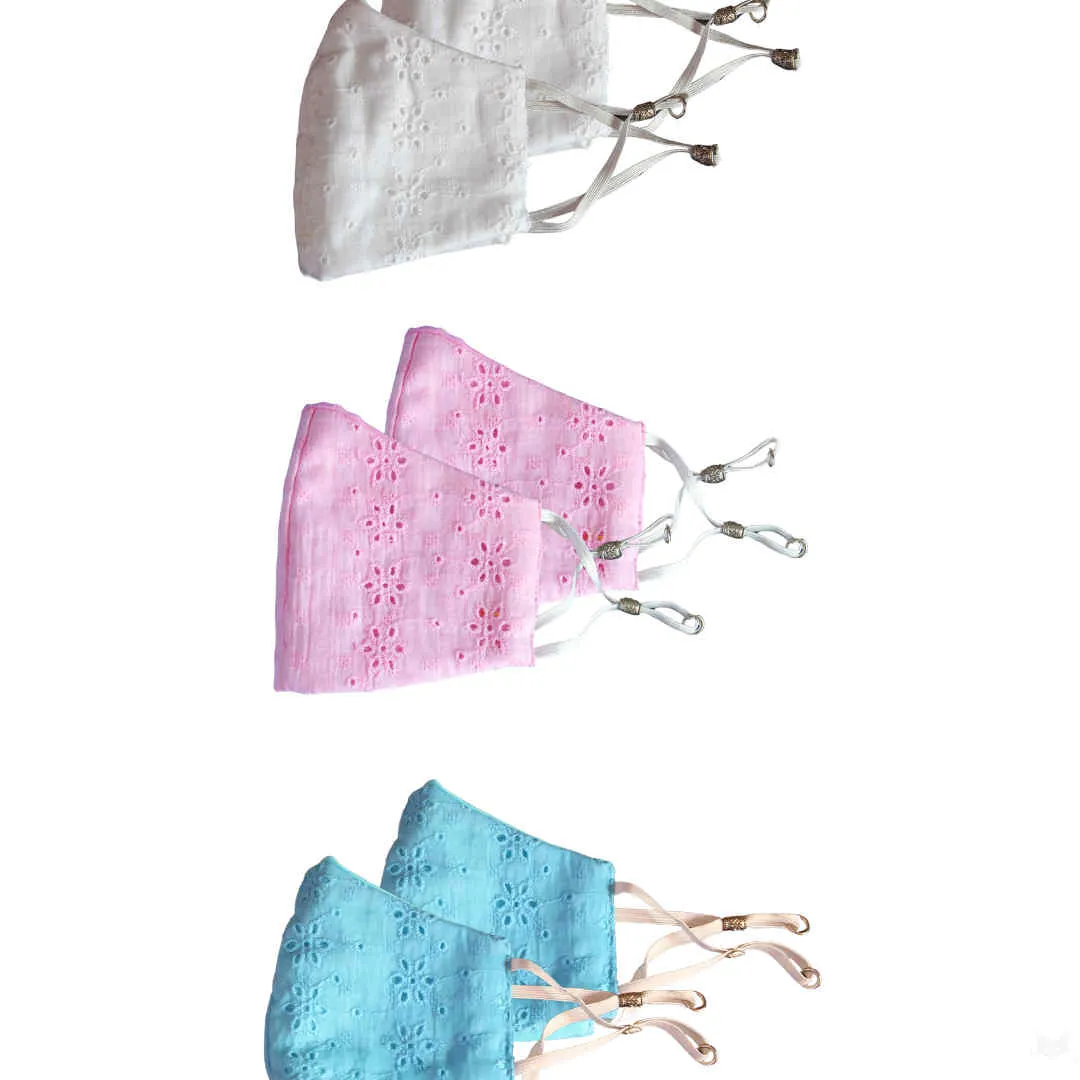 Bellofox White Chikan,Light Pink Chikan And Aqua Chikan Face Mask (Set Of 6)