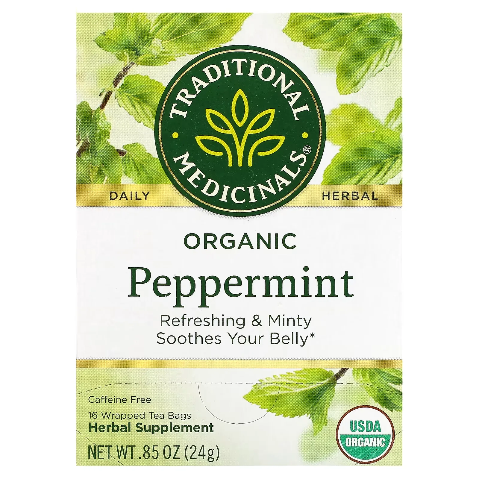 Organic Peppermint, Caffeine Free, 16 Wrapped Tea Bags, 0.05 oz (1.5 g) Each