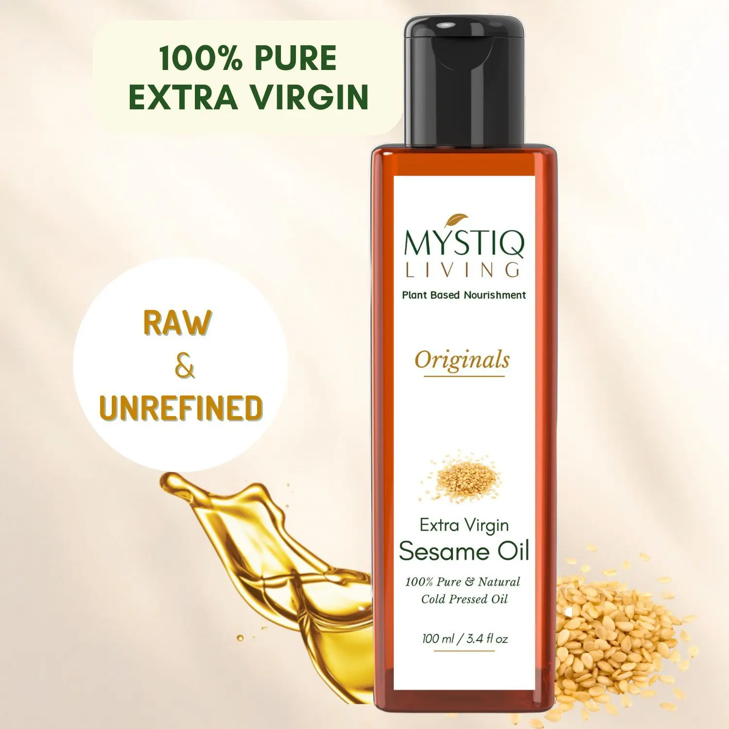 Mystiq Living Originals - Extra Virgin Sesame Oil, Organic | For Hair, Body, Skin Care, Massage | Cold Pressed | 100% Pure & Natural - 100ML