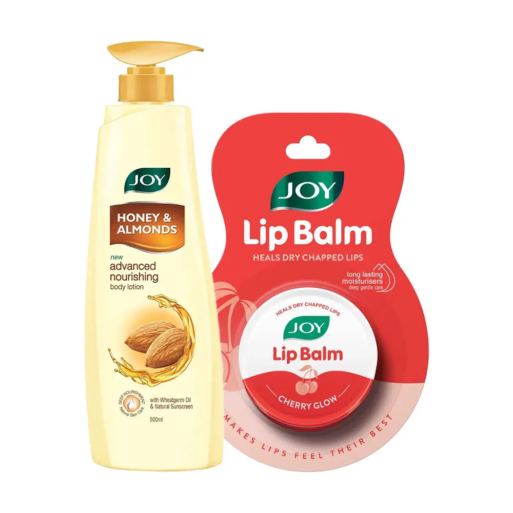 Joy Cherry Glow Lip Balm And Honey & Almonds Advanced Nourishing Body Lotion (520 Ml)