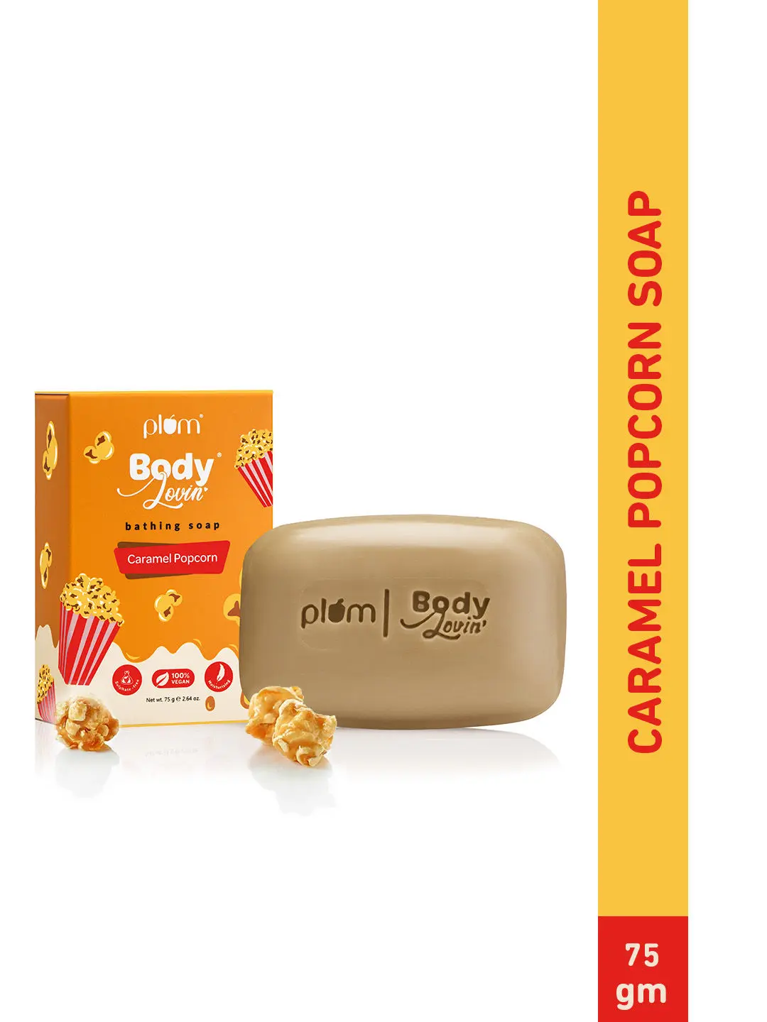 Plum BodyLovin' Caramel Popcorn Bathing Soap | All Skin Types | Caramel Popcorn Fragrance | Non-Drying | Sulphate-Free | 100% Vegan