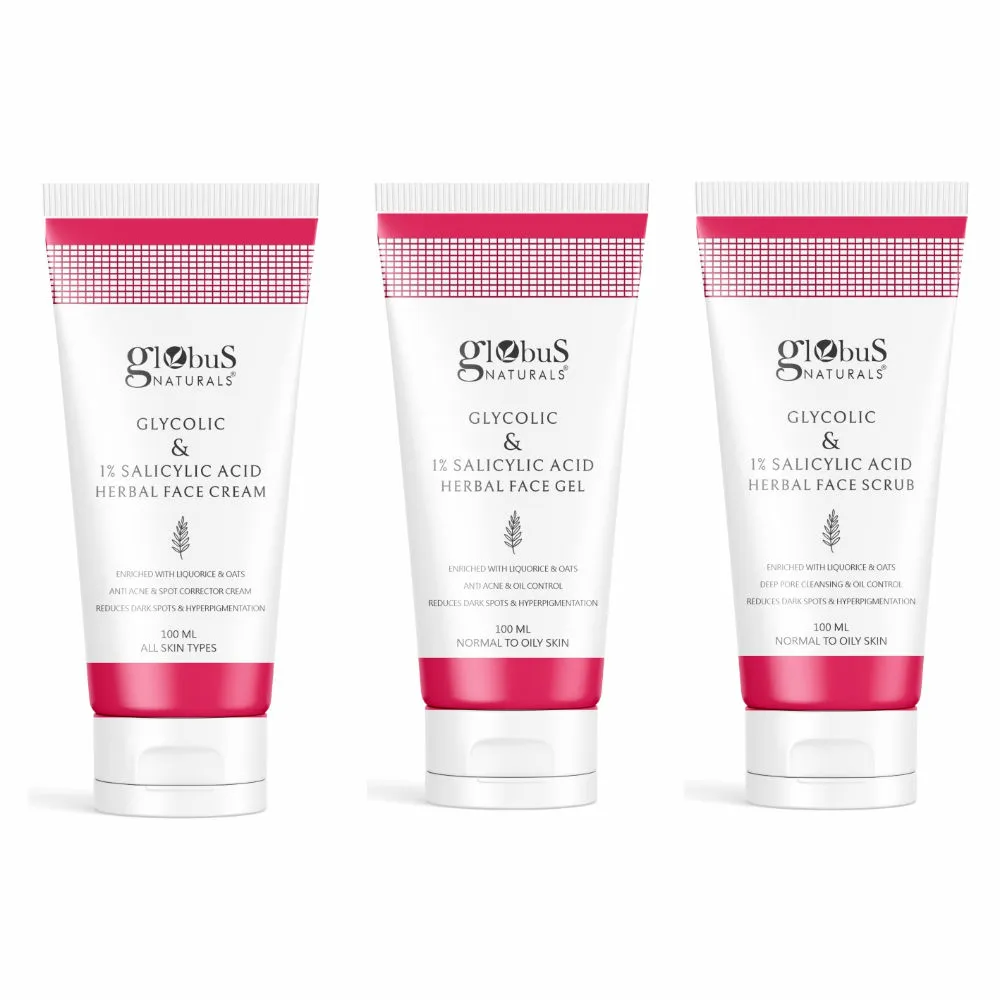 Globus Naturals Glycolic + 1% Salicylic Acid Herbal Face Care Combo - Set of 3