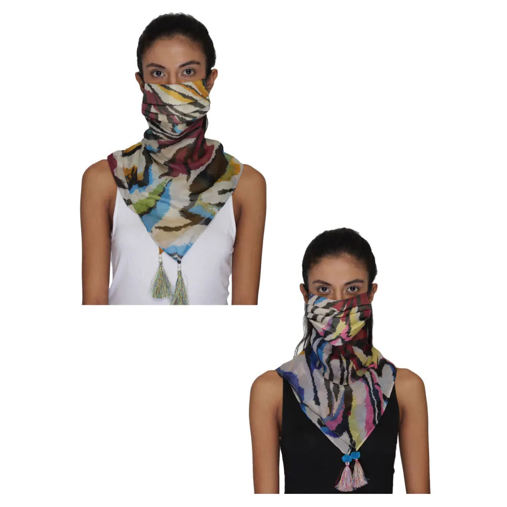 Anekaant Pack Of 2 Multicolor 3-Ply Reusable Poly Chiffon Printed Tesselled Scarf Style Fashion Mask