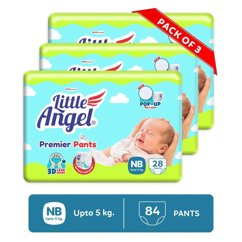 Little Angel Premier Pants Baby Diapers, New Born (NB) Size, 84 Count, Combo Pack of 3, 28 Count/Pack with Wetness indicator, up to 5 Kg