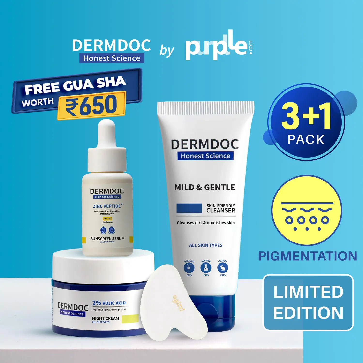 DERMDOC Combo Kit for Radiant Skin Defence + Free Gua Sha | mild & gentle skin-friendly cleanser | acne soothing sunscreen serum | kojic acid night cream | face massager | sensitive skin face wash | brightening cold cream