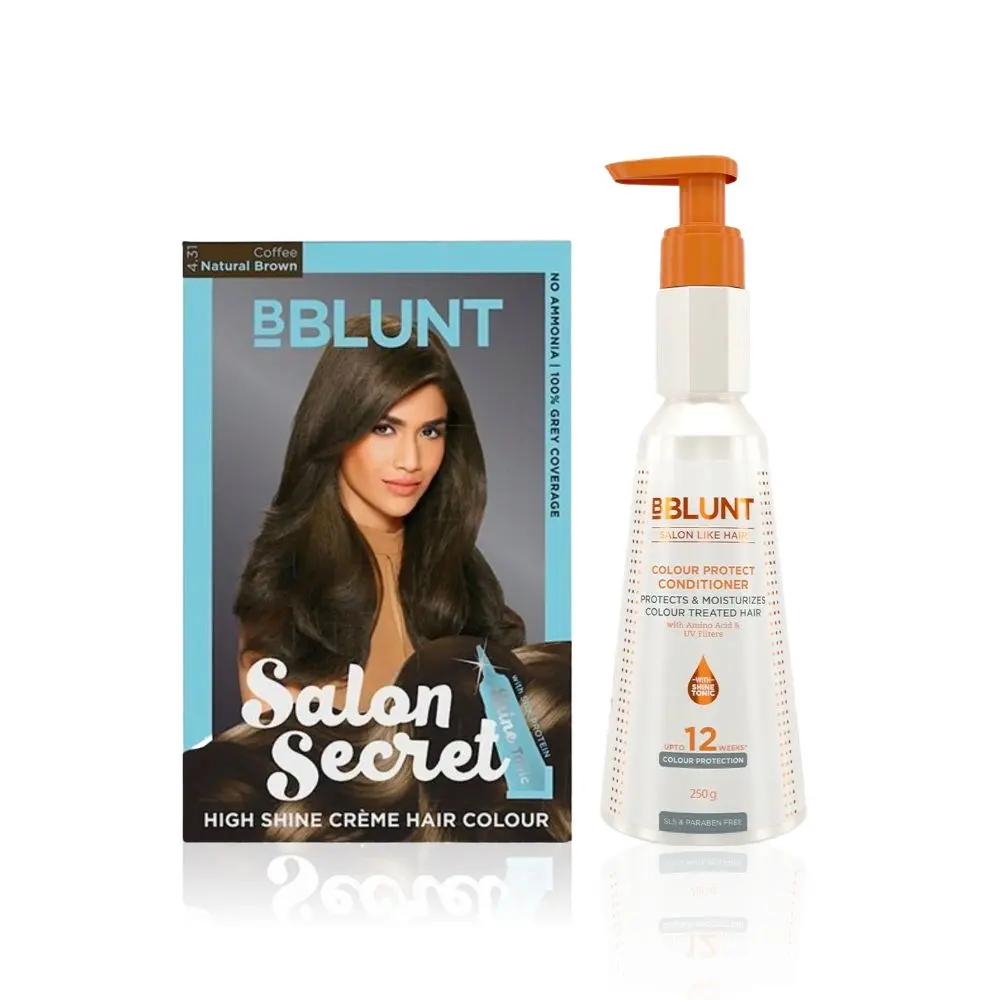 BBLUNT Salon Secret High Shine Creme Hair Colour Coffee Natural Brown 4.31 ( 100 g+8ml)+BBLUNT Colour Protect Conditioner- 250 g