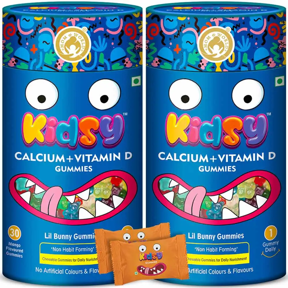 Mom & World Kidsy Calcium + Vitamin D,  Mango (Pack of 2)  30 gummies