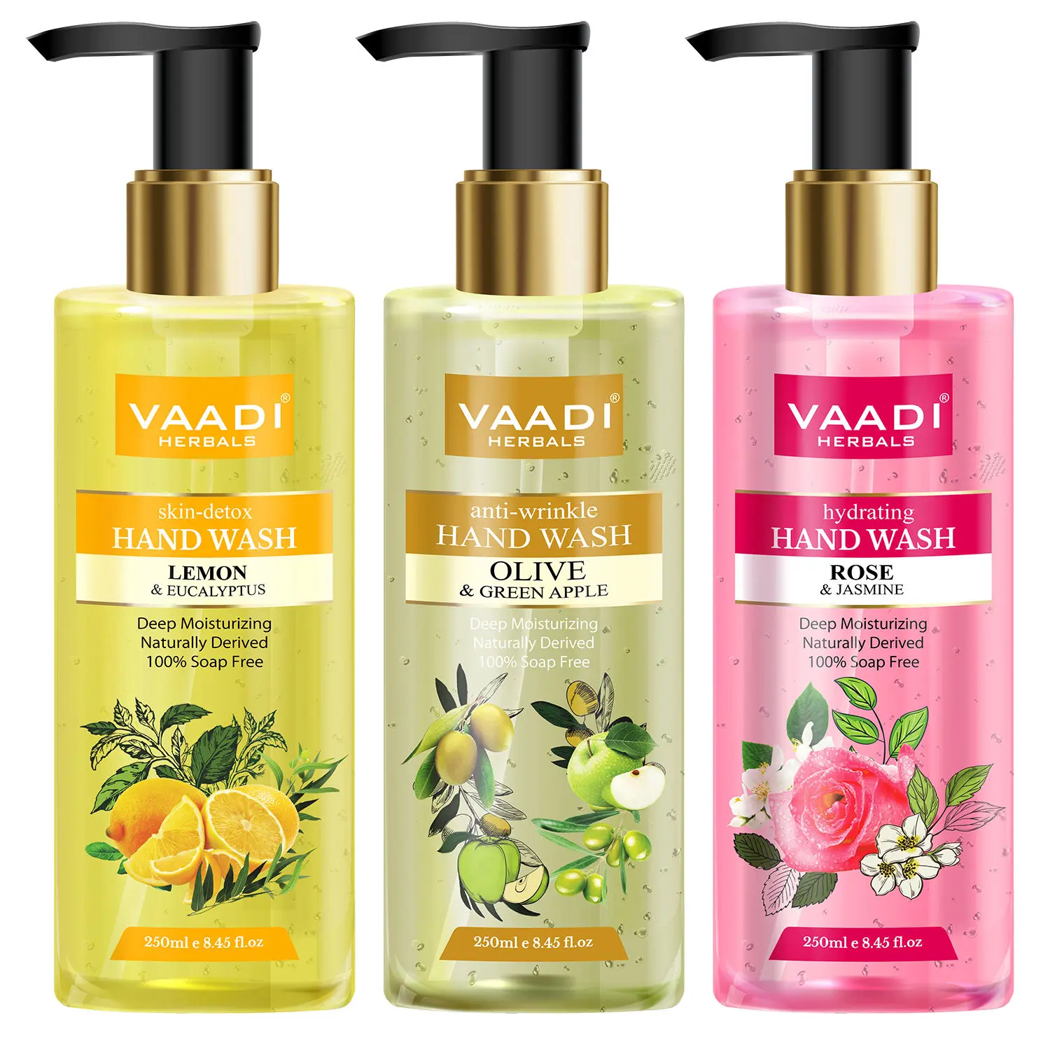 Vaadi Herbals Pack of 3 Luxurious Handwash - Lemon & Eucalyptus, Olive & Green Apple, Rose & Jasmine (250 ml x 3)