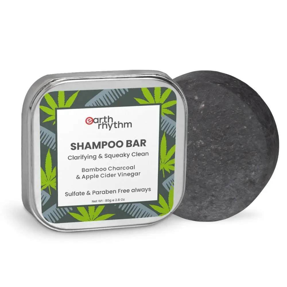 Earth Rhythm bamboo Charcoal & apple cider vineger Shampoo Bar | Clarify scalp, Strengthen Roots, Revitalise Hair | for Oily Scalp | Men & Women | With Tin - 80 G