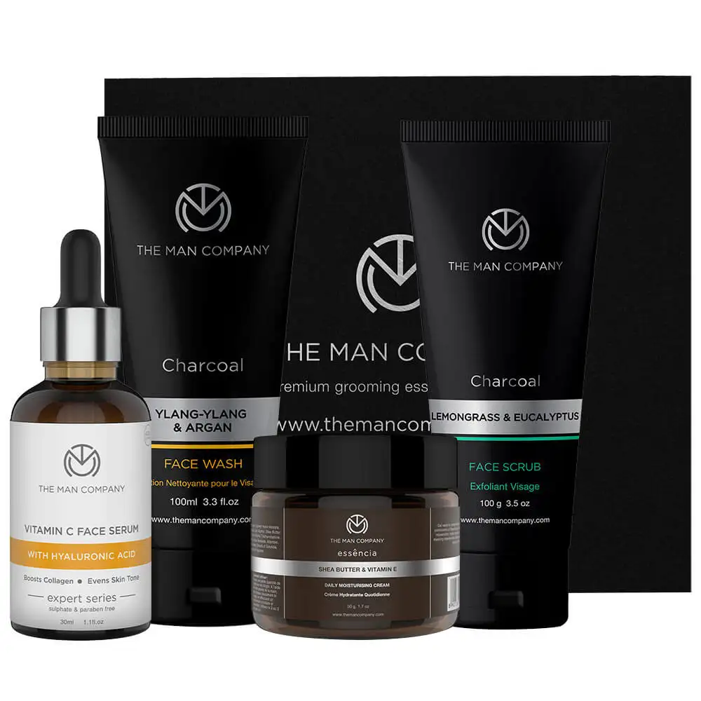 The Man Company Vitamin C Face Serum Charcoal Face Wash Charcoal Face Scrub & Moisturising Cream,  4 Piece(s)/Pack  for All Skin Types