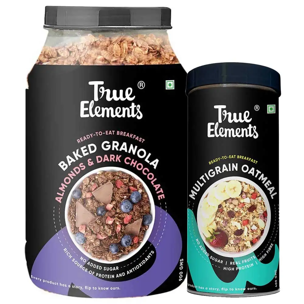 True Elements Chocolate Granola & Multigrain Oatmeal - On The Go Breakfast Combo,  Almonds Dark Chocolate & Natural  2 Piece(s)/Pack