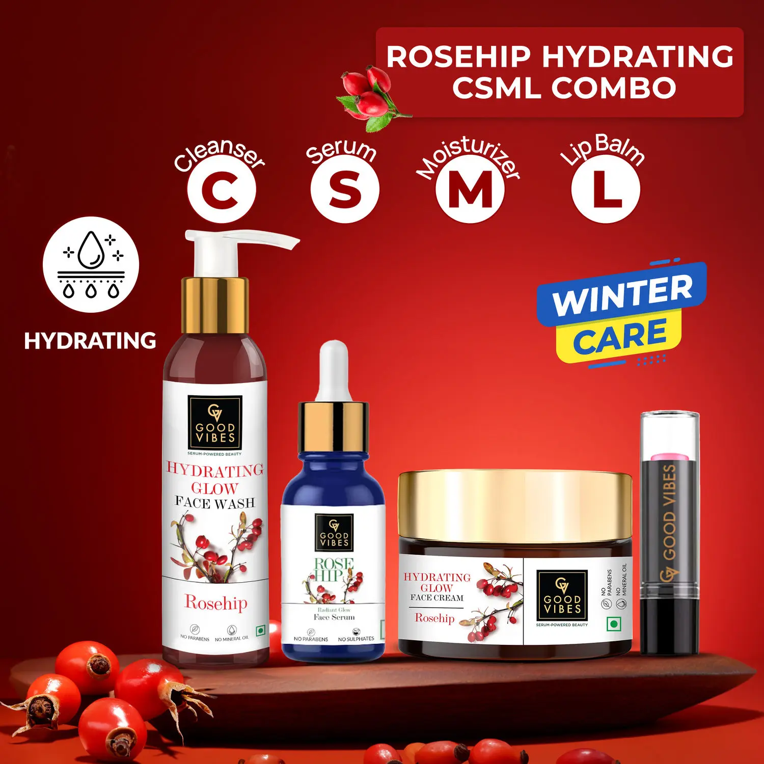 Good Vibes Rosehip Hydrating CSM Combo (Set of 3) (Facewash + Serum + Moisturizer with Lip balm)