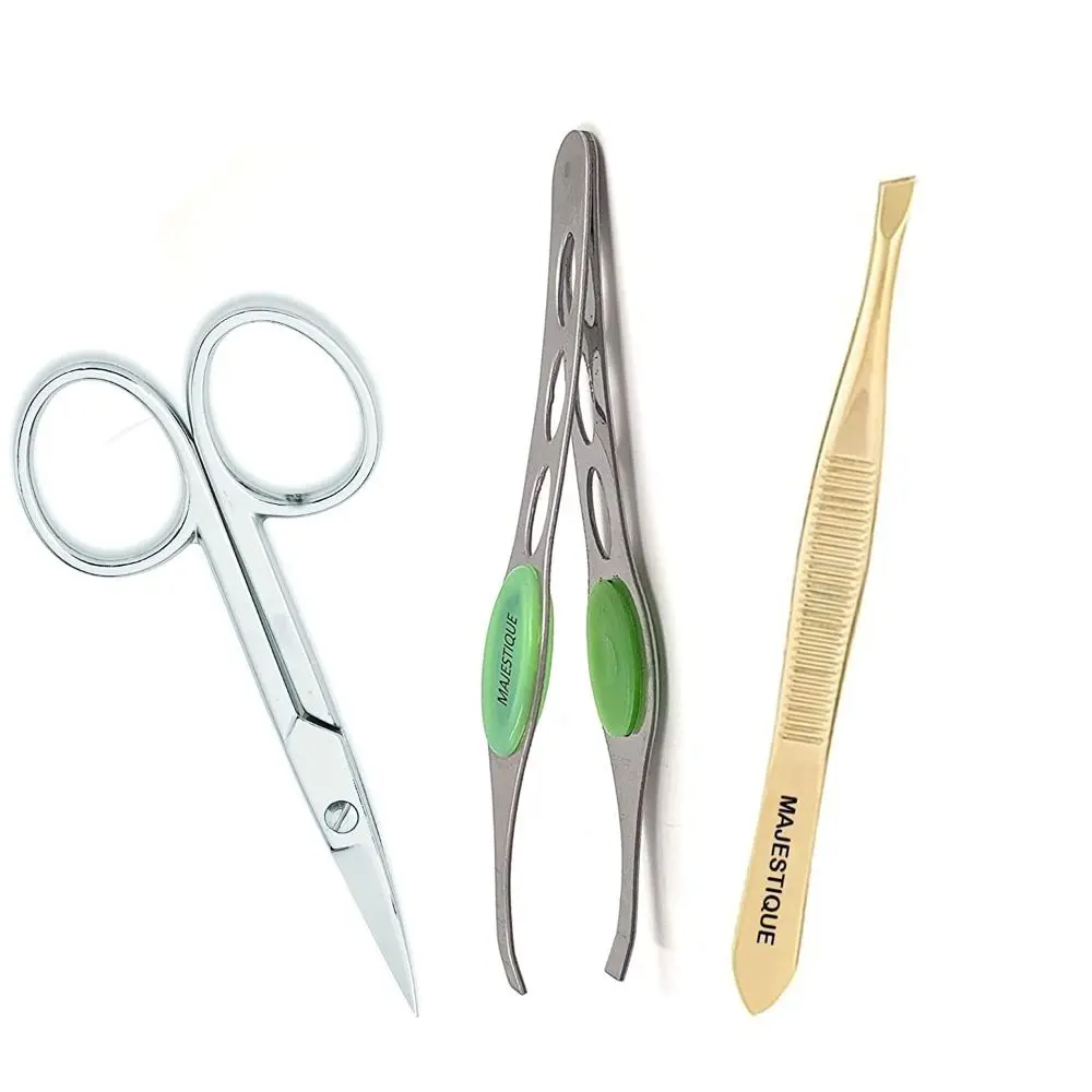 Majestique Eye Tools Set - Eyebrow Tweezer And Wide Slant Tip Tweezer with Premium Nazal Scissors for Women, Girls - Color May Vary