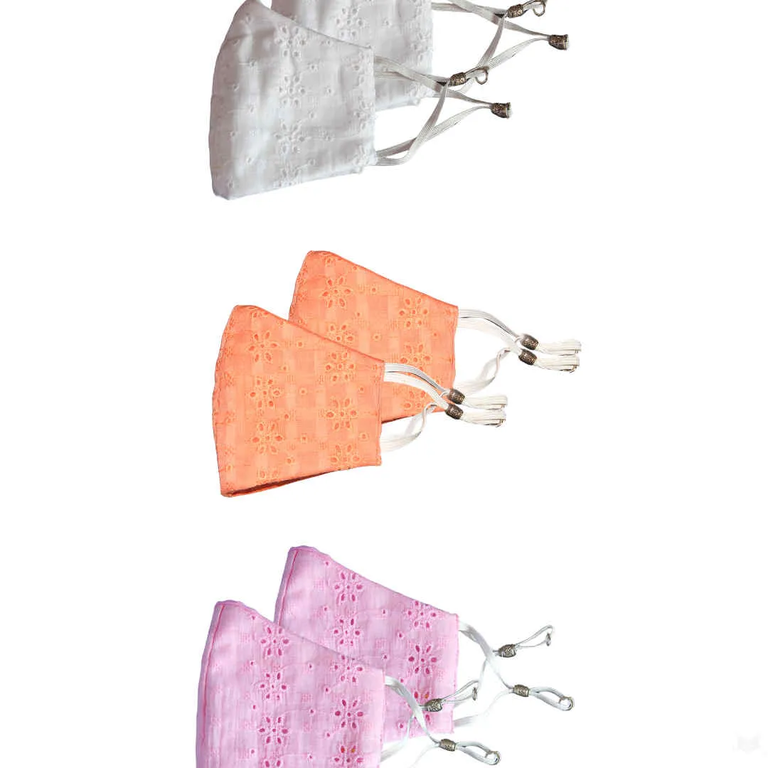 Bellofox White Chikan,Peach Chikan And Light Pink Chikan Face Mask (Set Of 6)