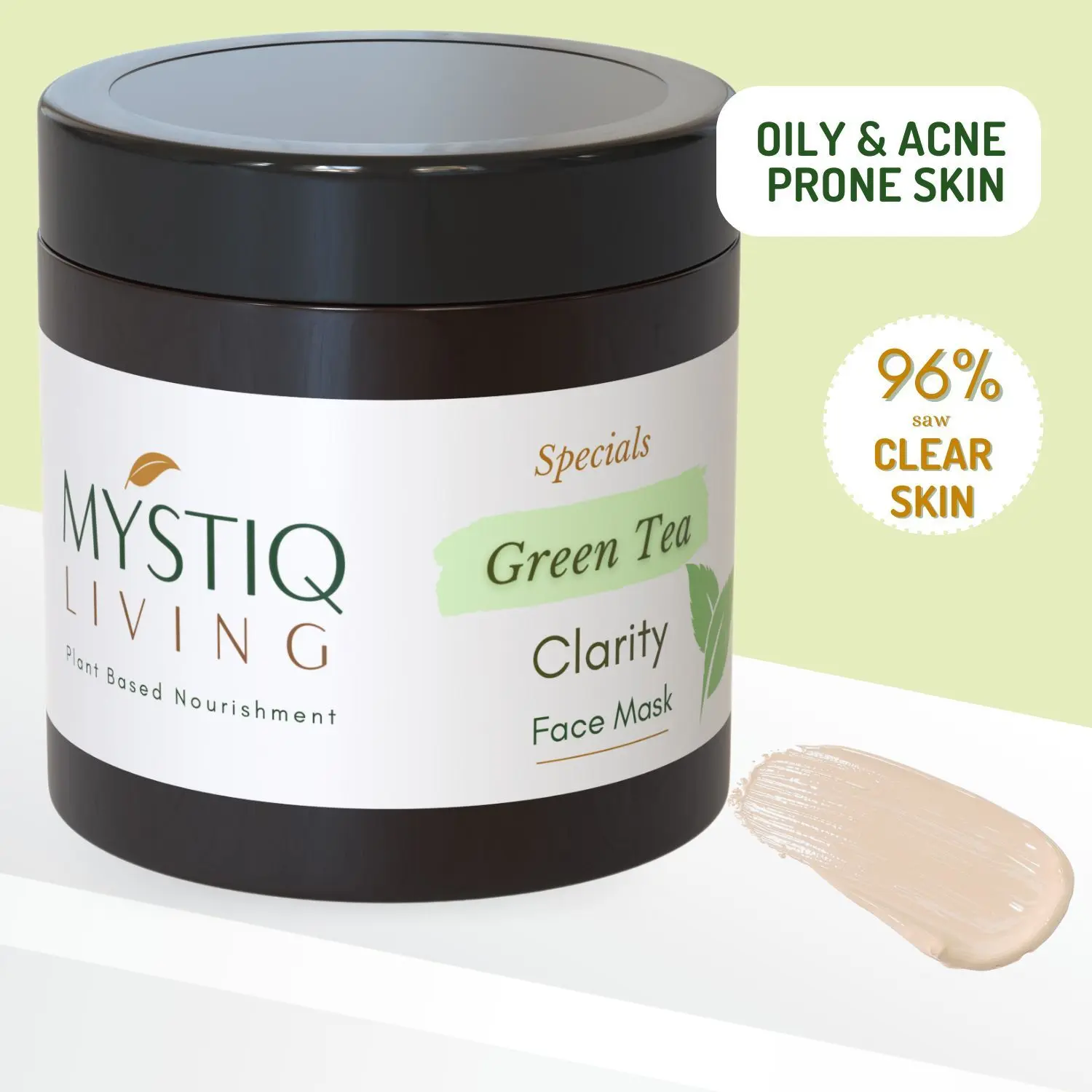 Mystiq Living Specials - Acne Face Mask- Green Tea Clarity | Neem, Tulsi, Manjishtha & Green Tea | Acne Marks, Pimples, Zits, DeTan and Glowing Skin | Oily & Acne Prone Skin - 100 GM