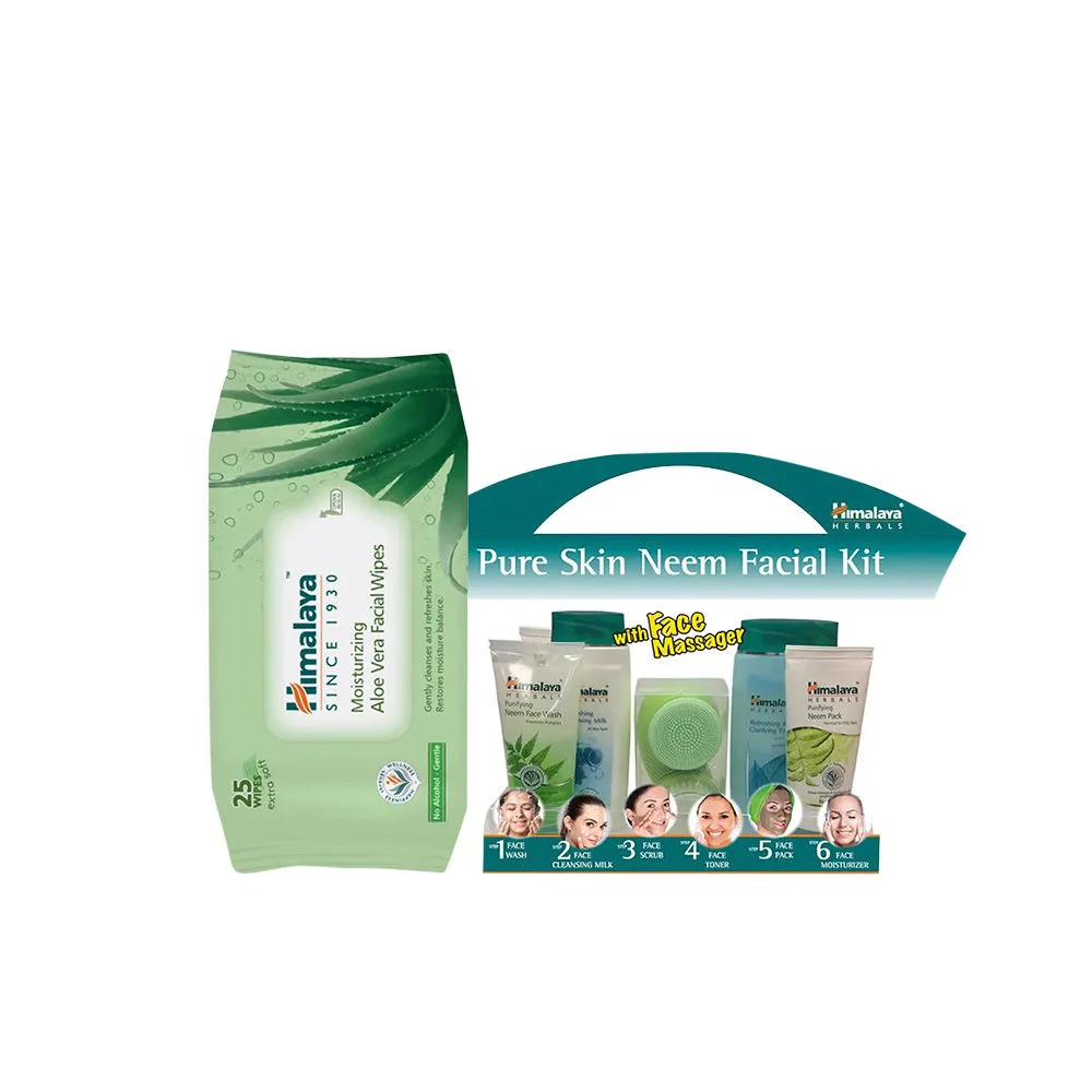 Himalaya Neem Facial Kit with Face Massager & Aloe Vera Facial Wipes Combo (25Pack)