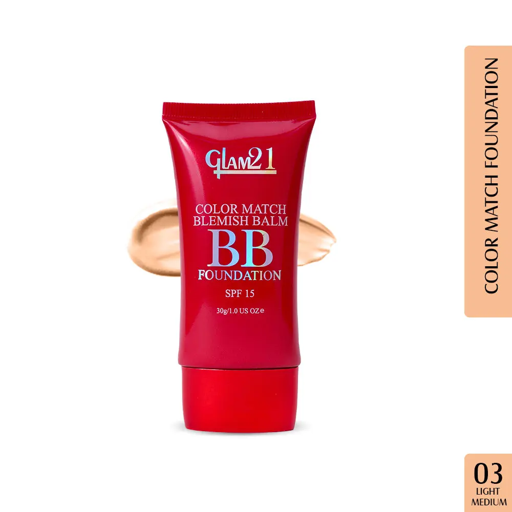 Glam21 Color Match BB Foundation SPF15 I Dual Purpose of Foundation & Sunscreen Blemish-free Glow | Non-cakey Daily Use | Non-greasy & Lightweight | Long-lasting Radiant Makeover| 30gm - 03 Light Medium