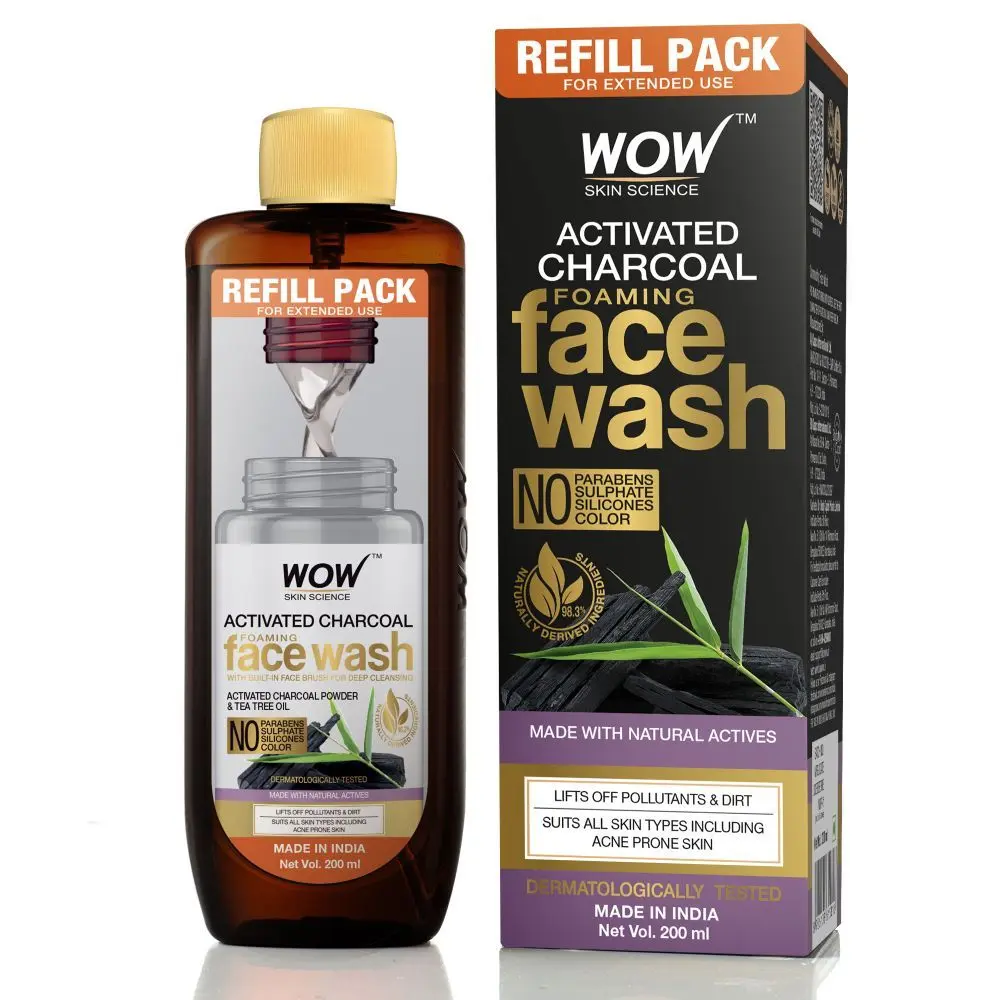 WOW Skin Science Activated Charcoal Foaming Face Wash Refill Pack - Lifts off Pollutant & Dirt - For Extended Use - No Parabens, Sulphate, Silicones & Color - 200 ml