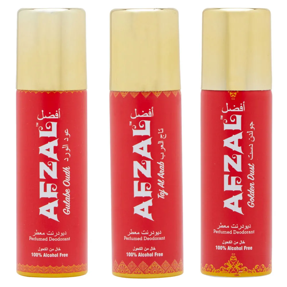 Afzal Non Alcoholic Golden Dust Taj Al Arab & Gulabe Oudh Combo Deodorants - Pack Of 3