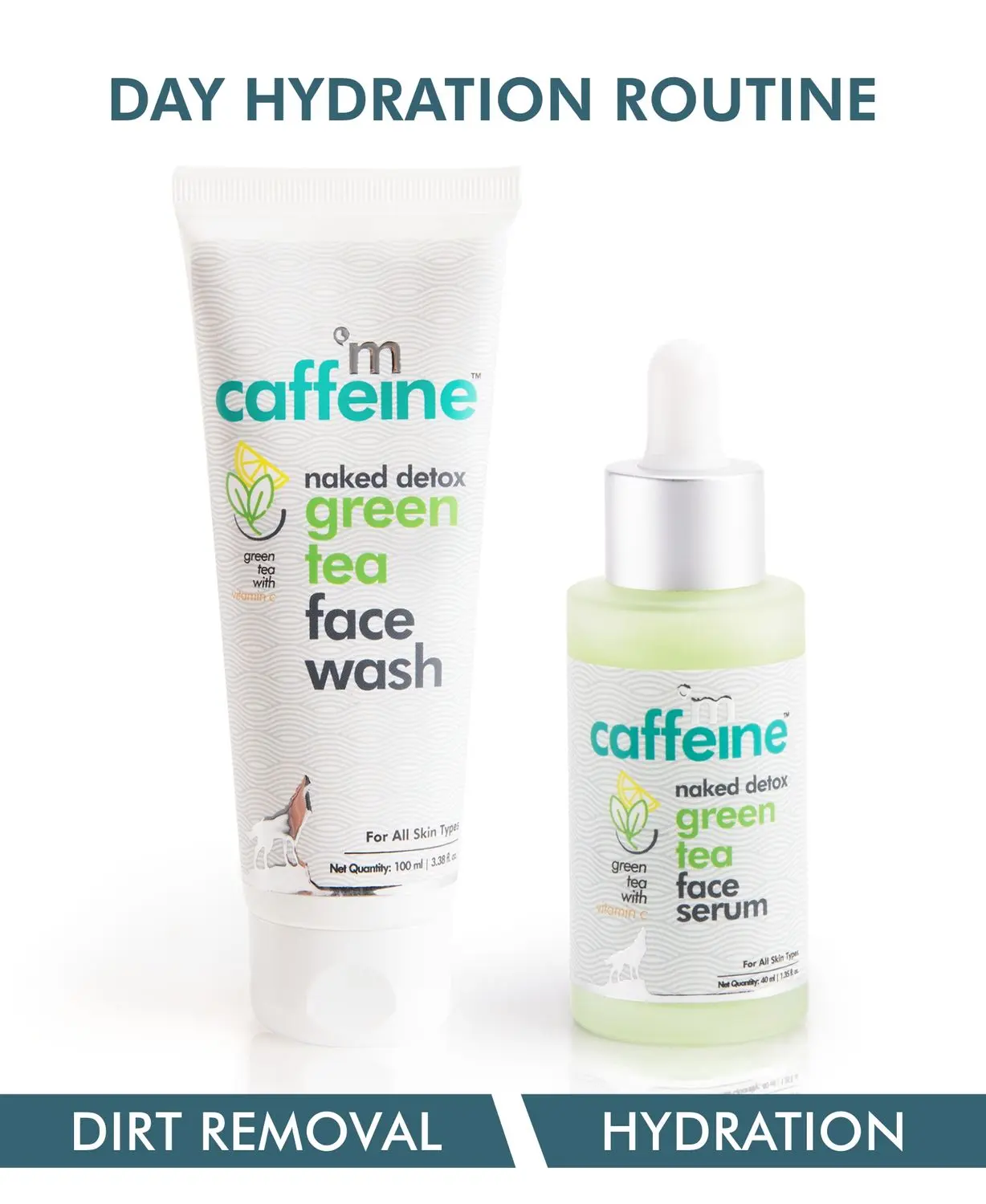 mCaffeine Green Tea Day Hydration Routine | Vitamin C | Dirt Removal, Hydration | Face Wash, Face Serum | All Skin | Paraben & SLS Free 140 ml