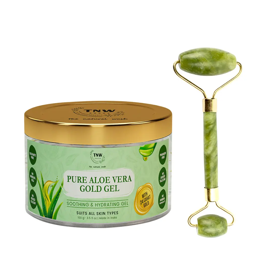 Combo of 2- Jade Roller- Green & Pure Aloe Vera Gold Gel- 100gm