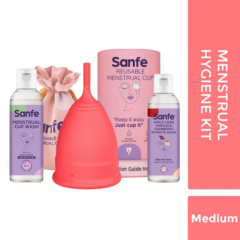 Sanfe Menstrual Hygiene Kit - Medium Menstrual Cup + Menstrual Cup Wash + Intimate Wash