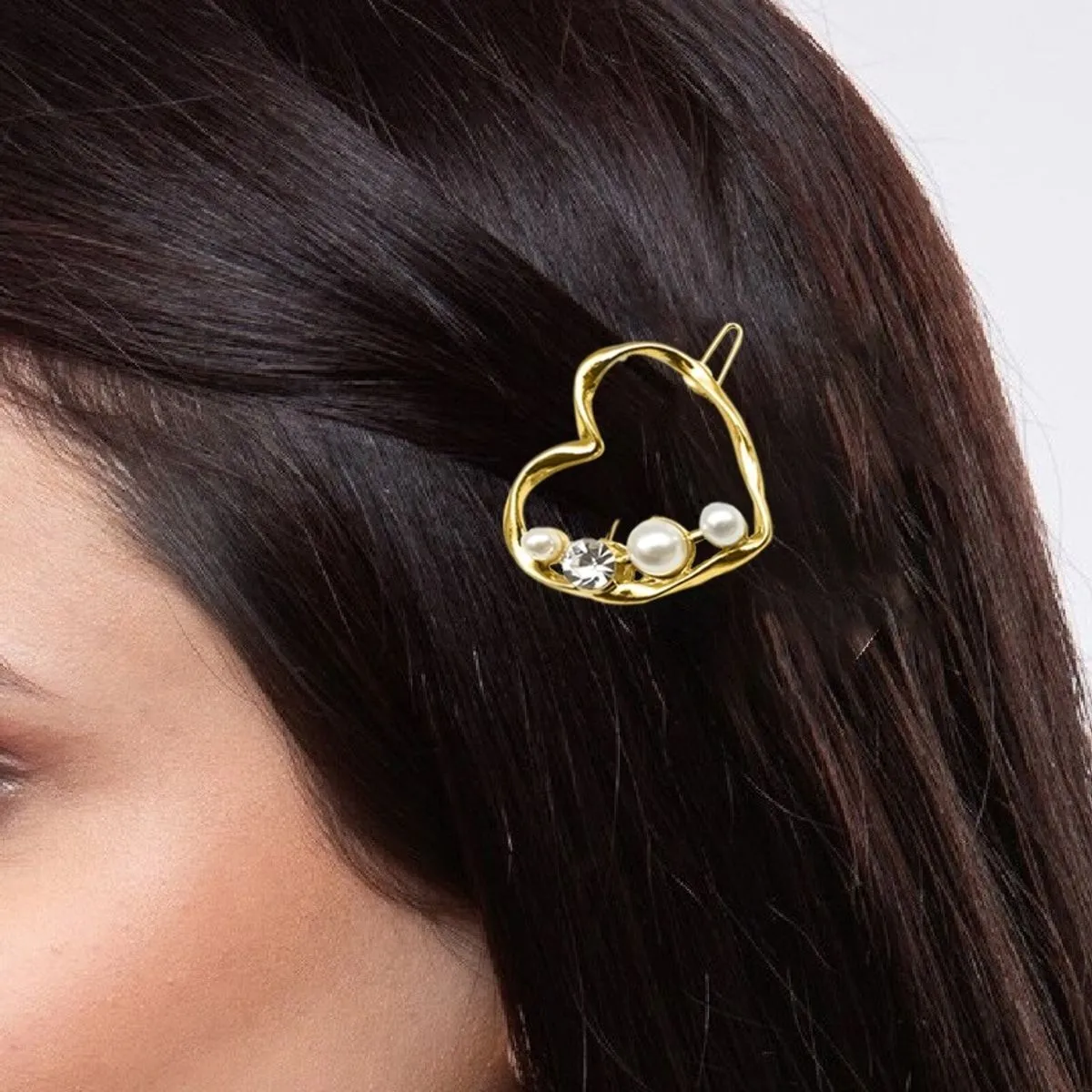 Fabula Gold Tone Heart Shape Pearl Party Hair Clip