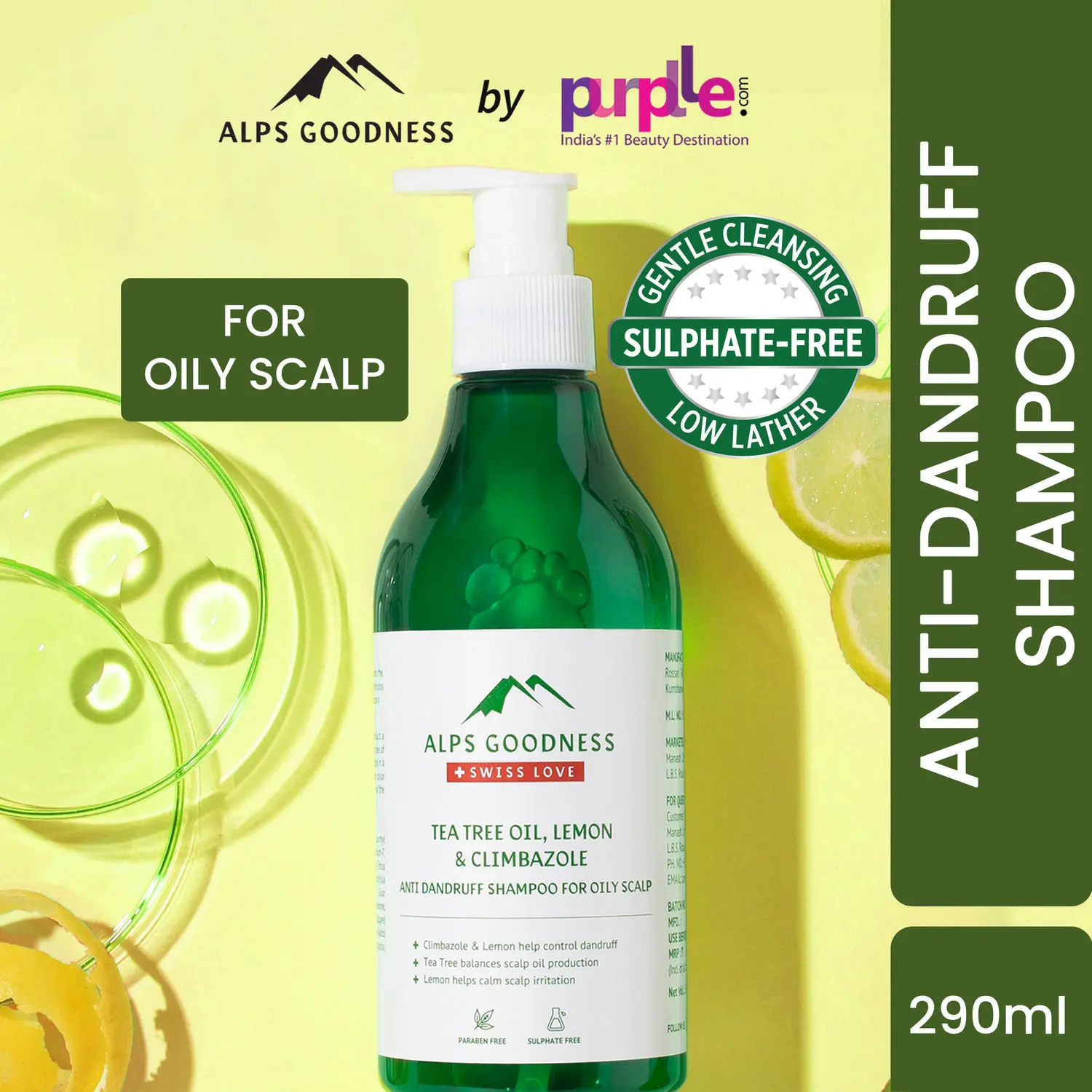 Alps Goodness Tea Tree Oil, Lemon & Climbazole Anti-Dandruff Shampoo for Oily Scalp (290ml) | Sulphate Free Shampoo| Silicone Free Shampoo | Gentle & Mild Cleansing Shampoo| Anti-Dandruff Shampoo| Shampoo for Oily Hair| Shampoo for Oily Scalp