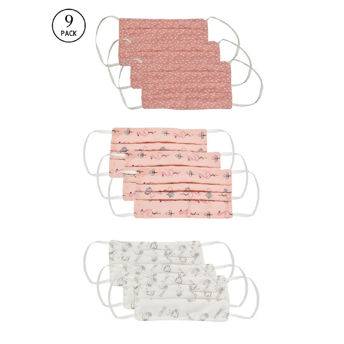 Bellofox Alice,flamingo And Brunch 3-layer 3-ply Reusable & Washable Cotton Face Mask (set Of 9)