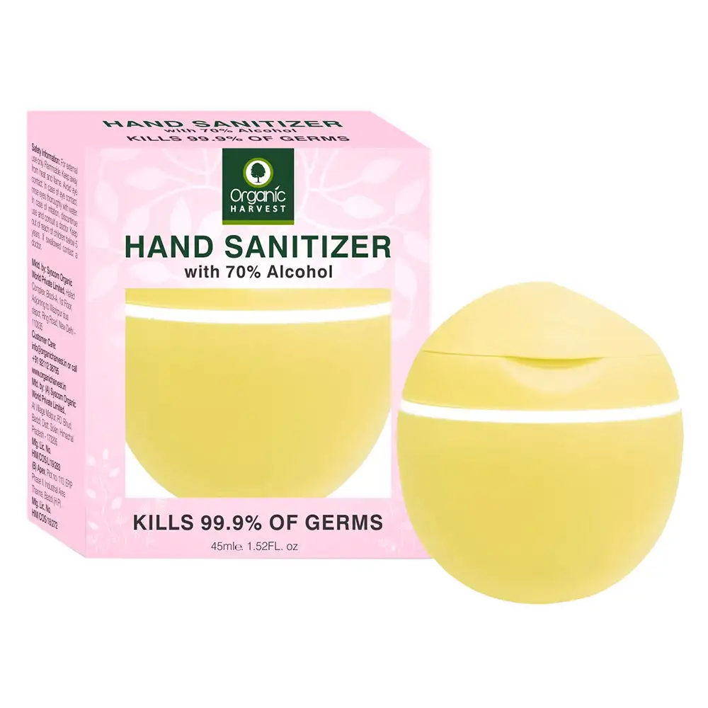 Organic Harvest Hand Sanitizer with 70% Alcohol,  Tea Tree Essential Oil  45 ml  Kills 99.9% Bacteria and Germs Yellow