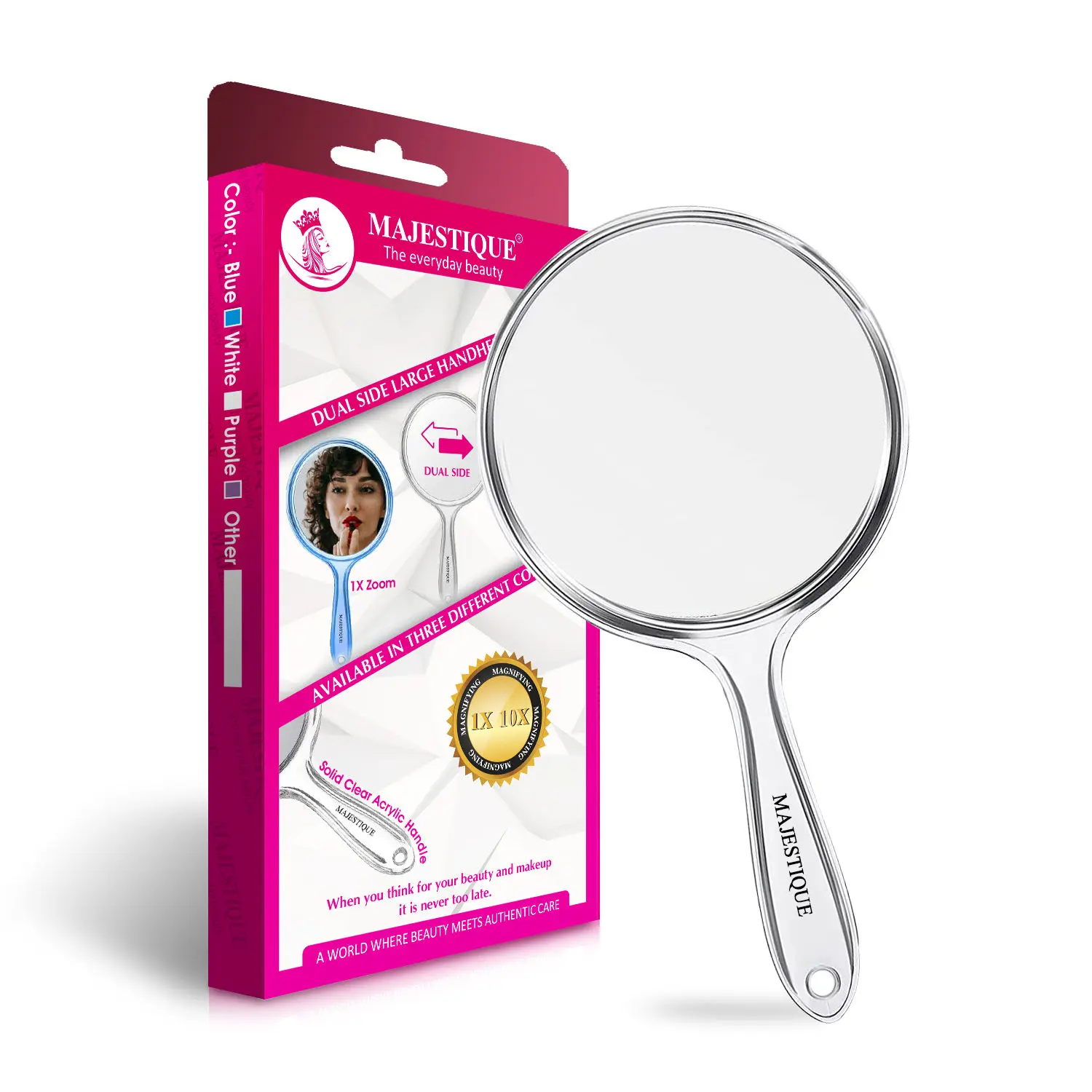 Majestique Dual Side Large Handheld Mirror, 1X/10X Magnifying Mirror Perfect for Shaving, Makeup - Multicolor